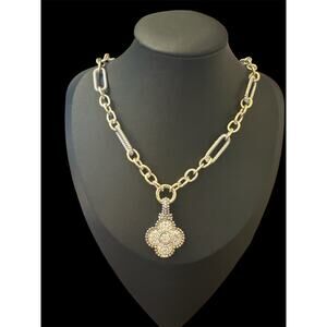 Two Tone Crystal Pave Clover Necklace 17" to 19"